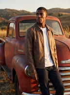 Vintage leather jacket lifestyle pickup truck dusk