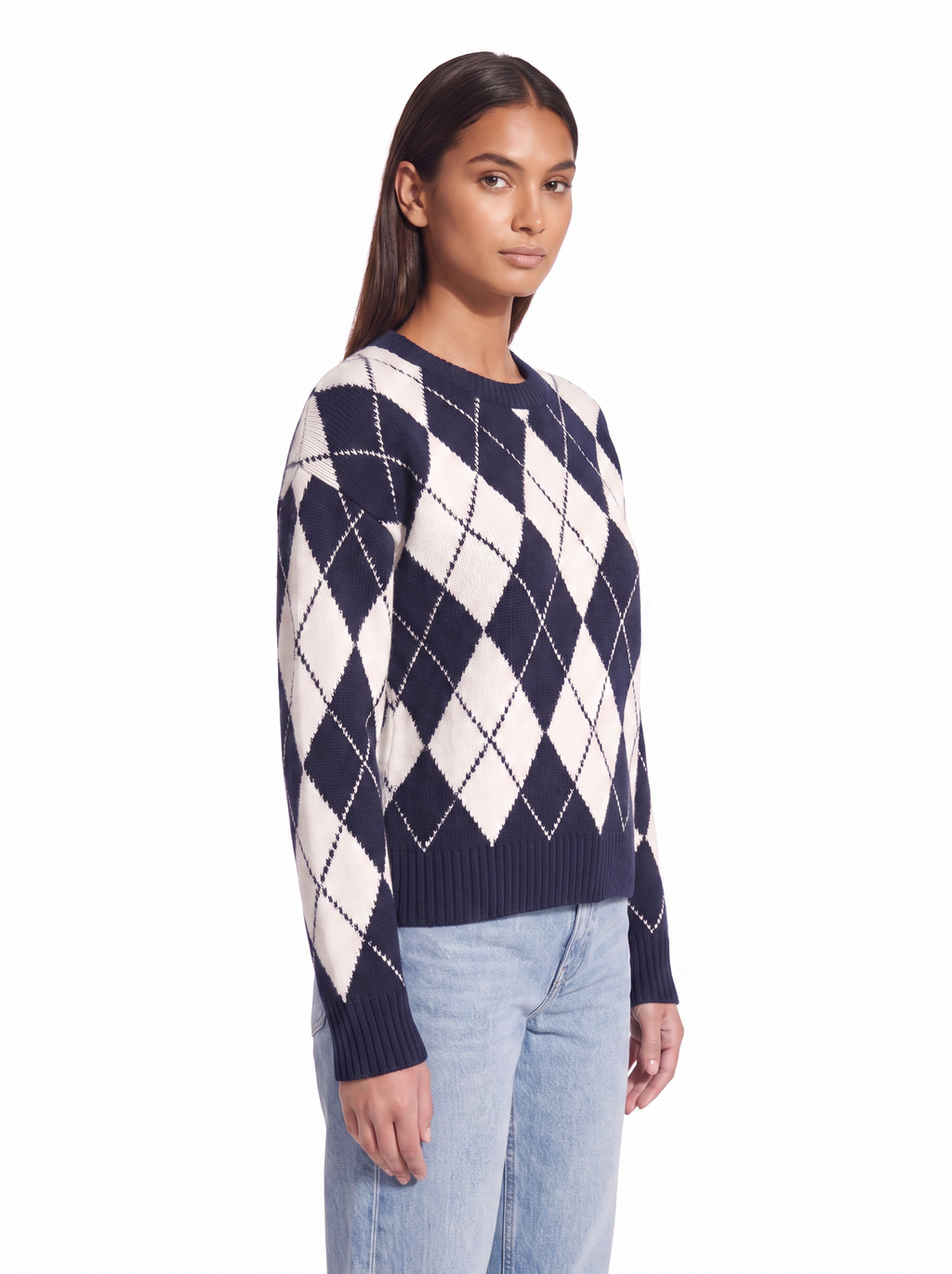 Argyle sweater three quarter fit shot