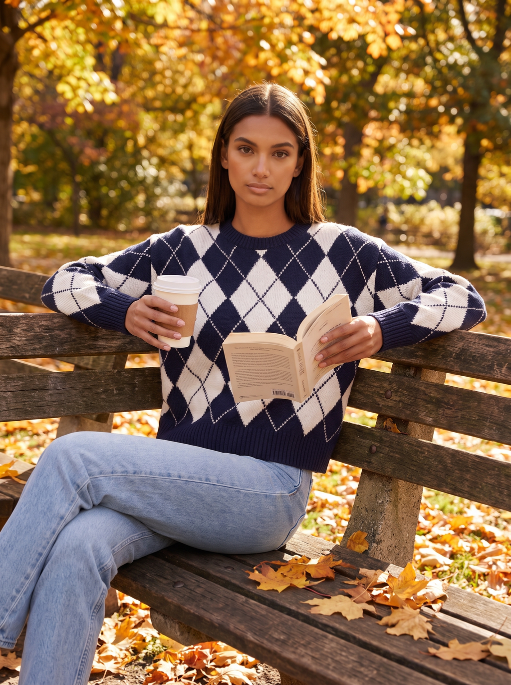 Argyle sweater lifestyle park bench autumn