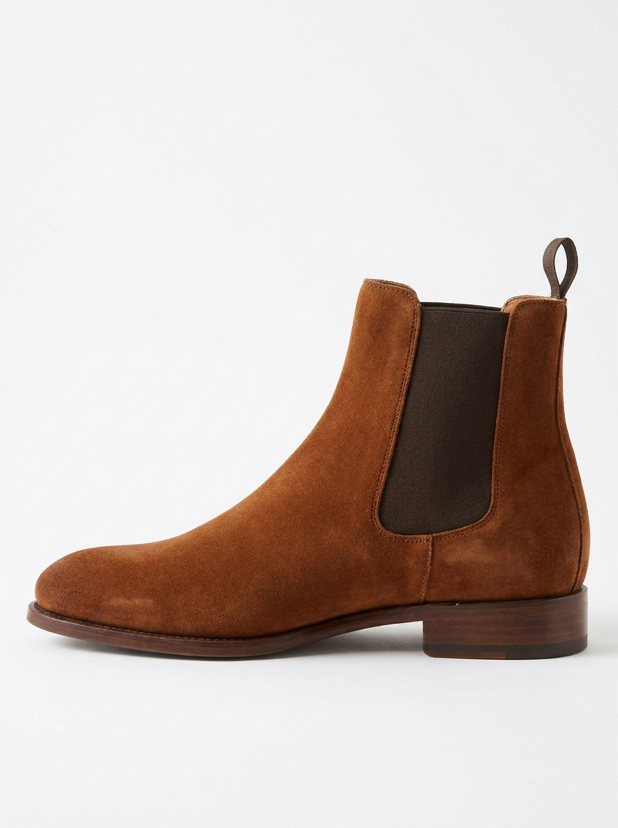 Brown suede Chelsea boot, side profile on white background