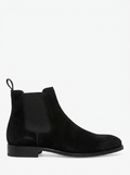 Black suede Chelsea boot, side profile on white background