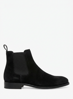 Black suede Chelsea boot, side profile on white background