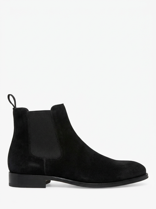 Black suede Chelsea boot, side profile on white background