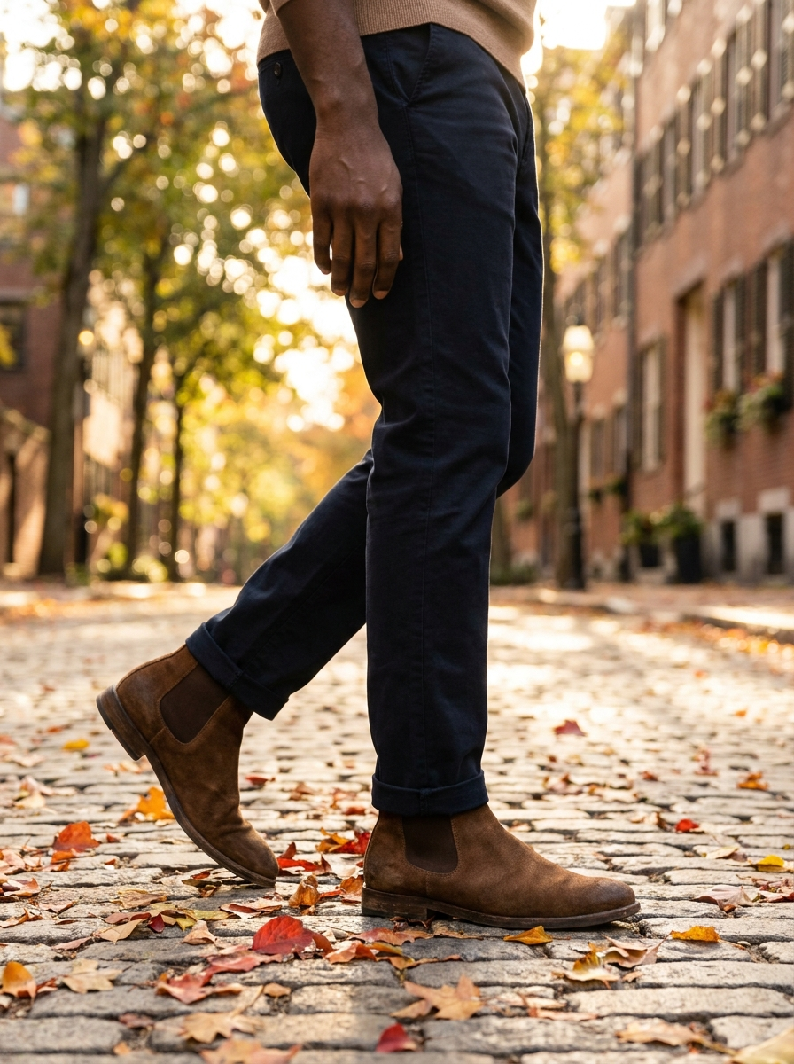 Brown suede Chelsea boots with navy chinos on an autumn cobblestone sidewalk