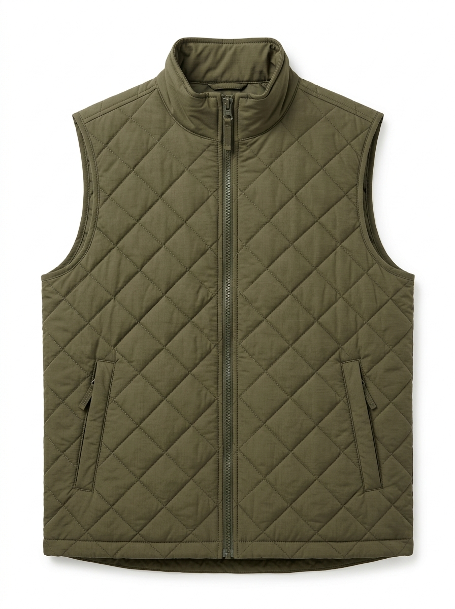 Olive quilted zip-up vest on white background