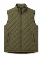 Olive quilted zip-up vest on white background