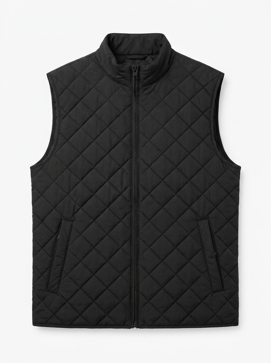 Black quilted zip-up vest on white background
