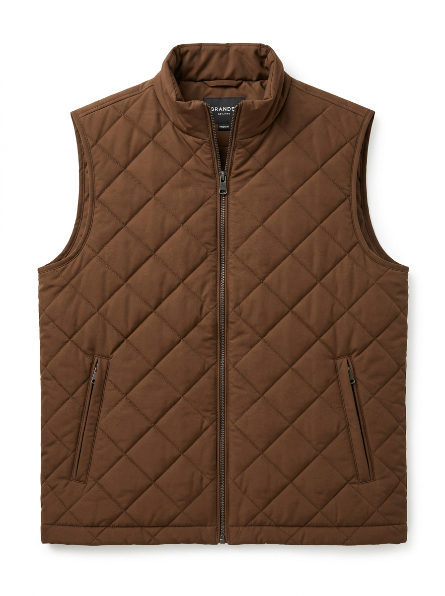 Coffee brown quilted zip-up vest on white background
