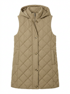 Khaki hooded mid-length quilted vest on white background