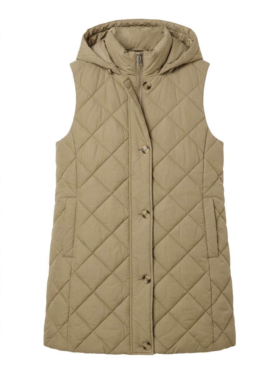 Khaki hooded mid-length quilted vest on white background
