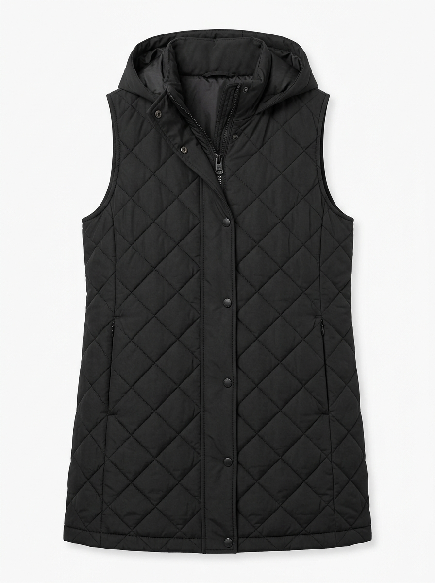 Black hooded mid-length quilted vest on white background