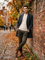 Man in brown suede Chelsea boots, olive chinos and charcoal overcoat against a brick wall in autumn