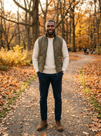 Man wearing olive quilted vest over cream cable knit with navy chinos in autumn