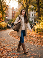 Woman wearing khaki hooded quilted vest with cream turtleneck and dark jeans in autumn park