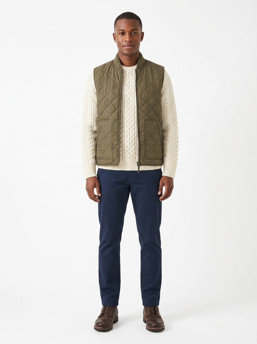 Olive quilted zip-up vest worn by model, front view on white