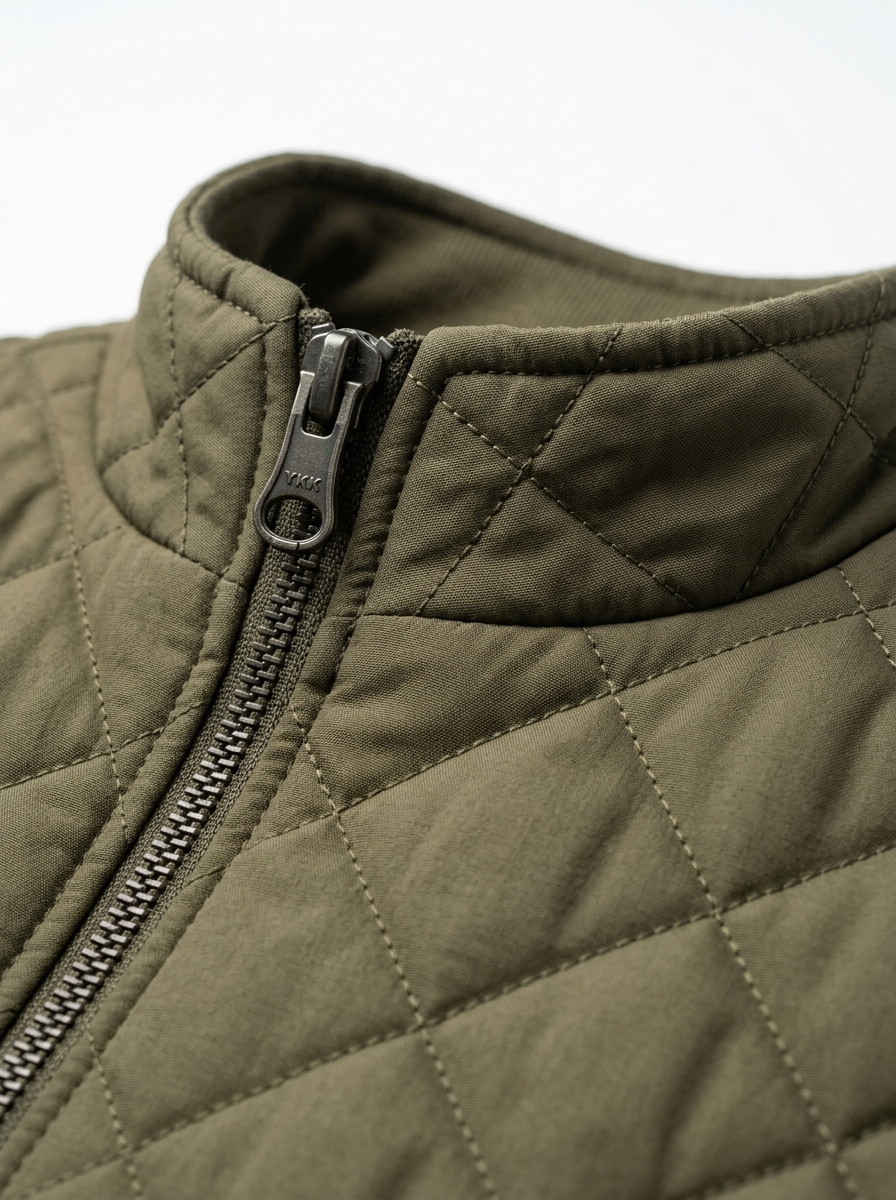 Quilted vest diamond stitching and zipper pull close up detail