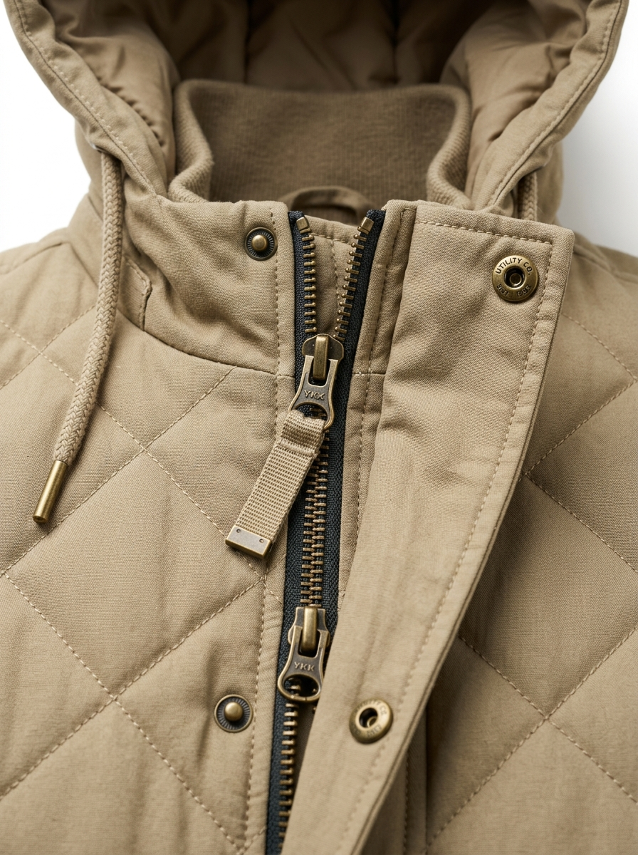 Hooded vest double-ended zipper and button placket close up detail