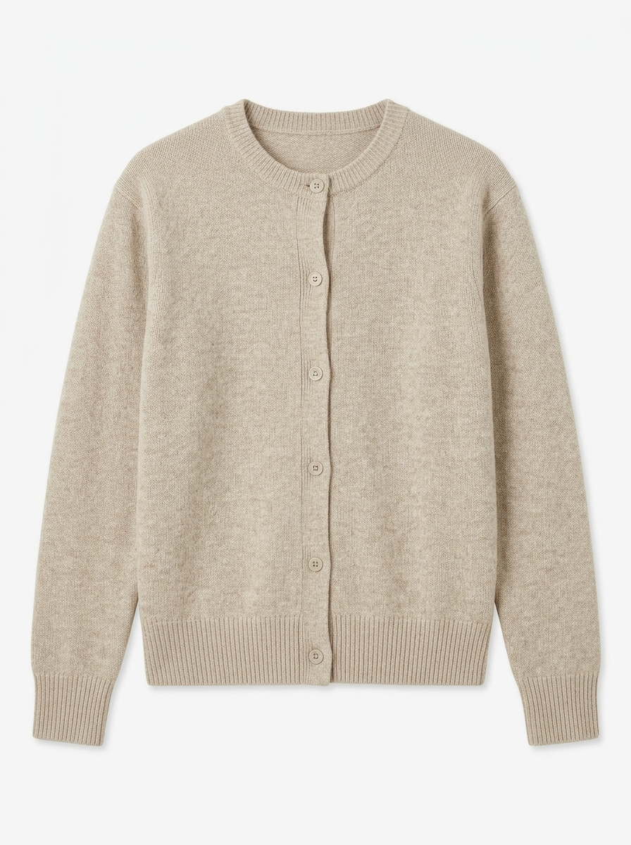 Oatmeal knit cardigan, front view on white background