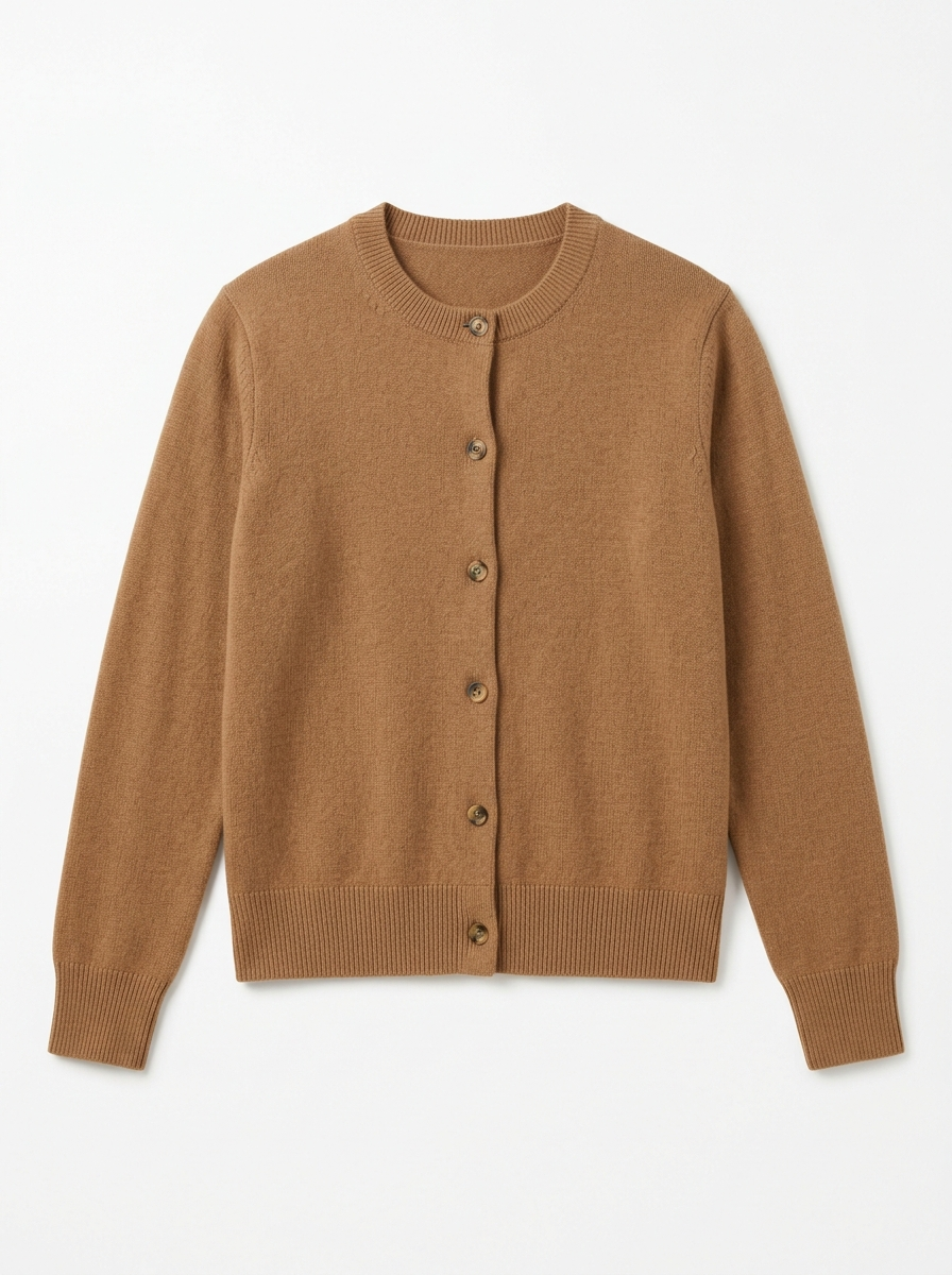 Camel knit cardigan, front view on white background