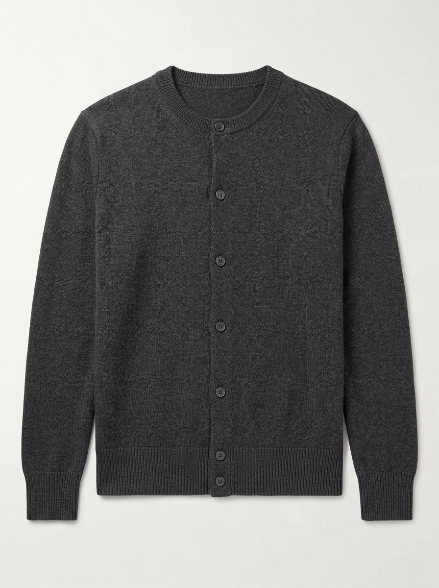 Charcoal knit cardigan, front view on white background