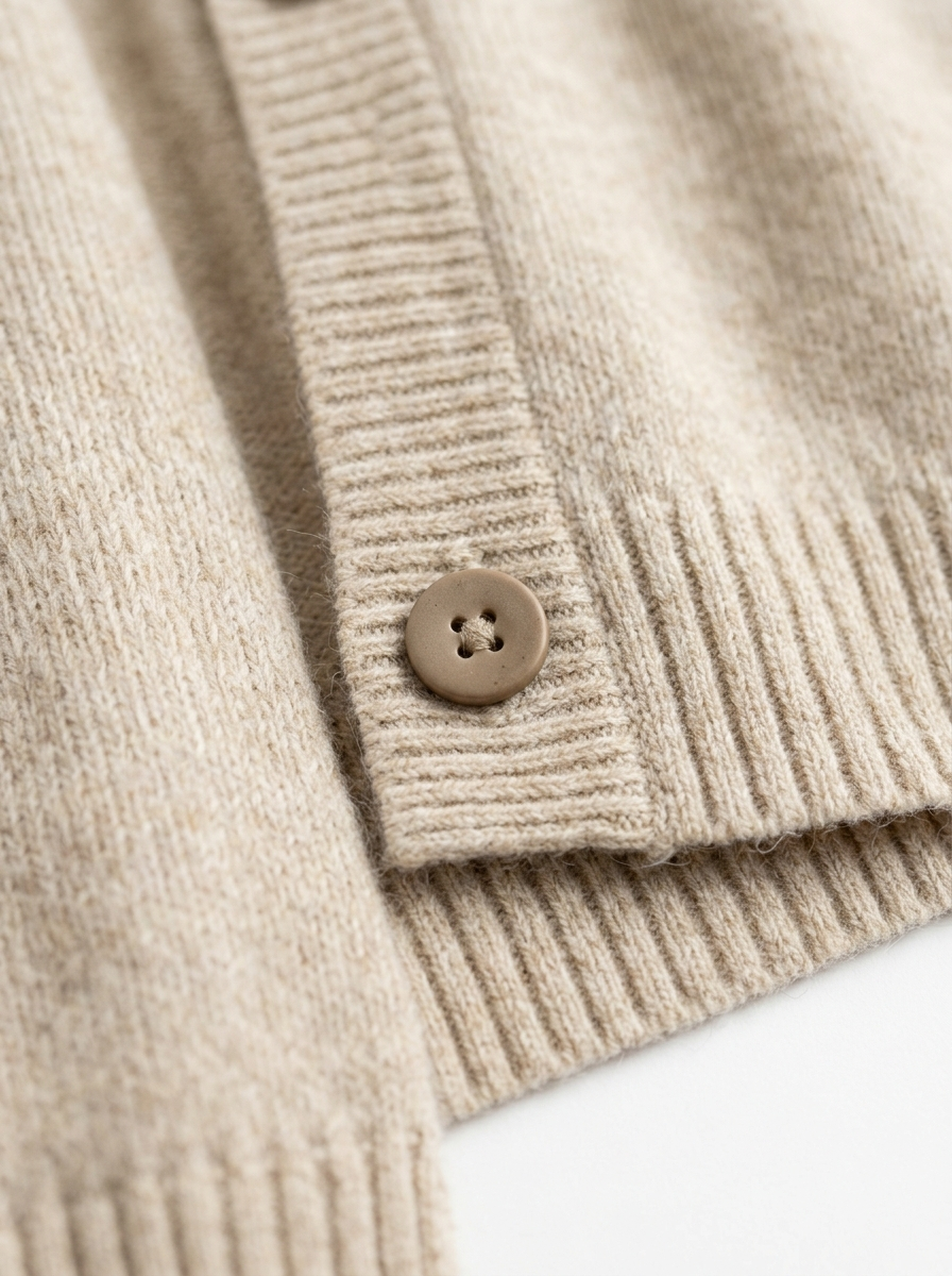 Matte button placket and ribbed hem close up detail