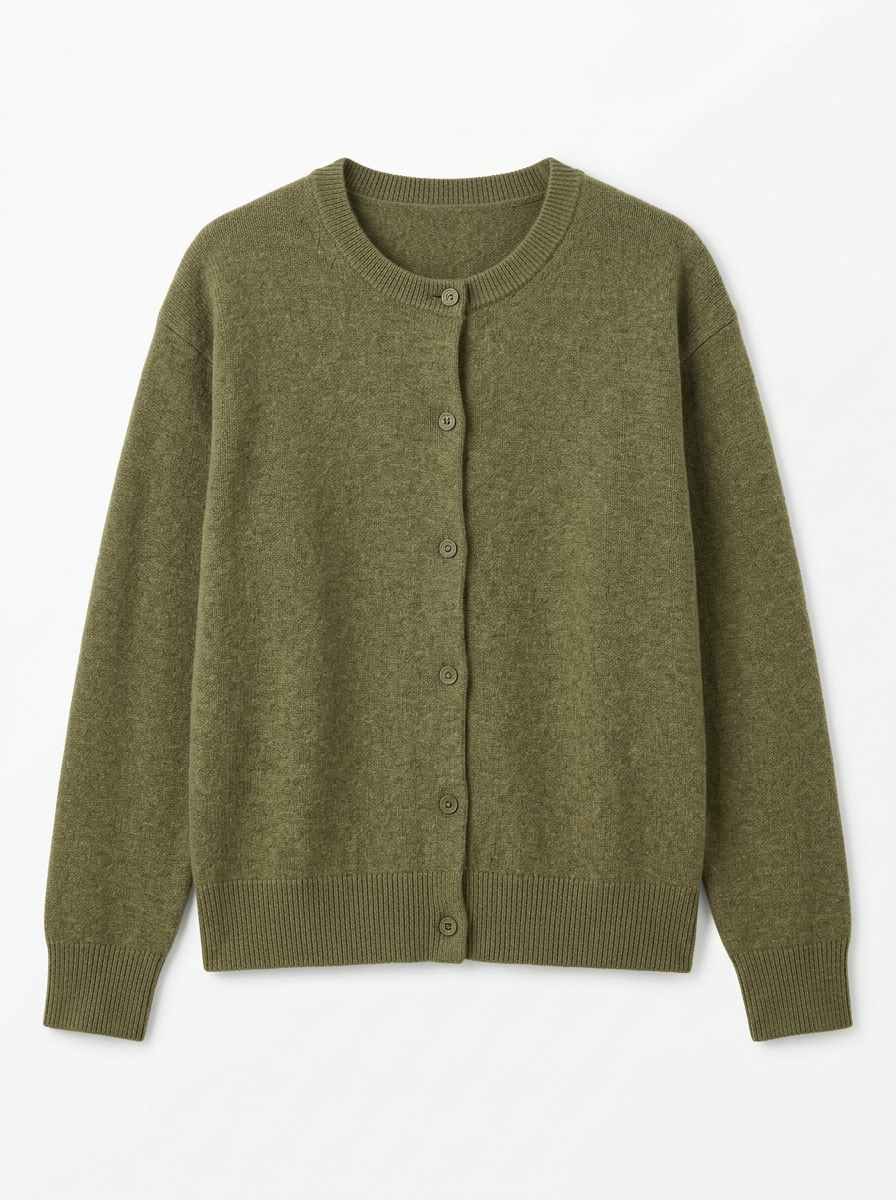 Olive knit cardigan, front view on white background