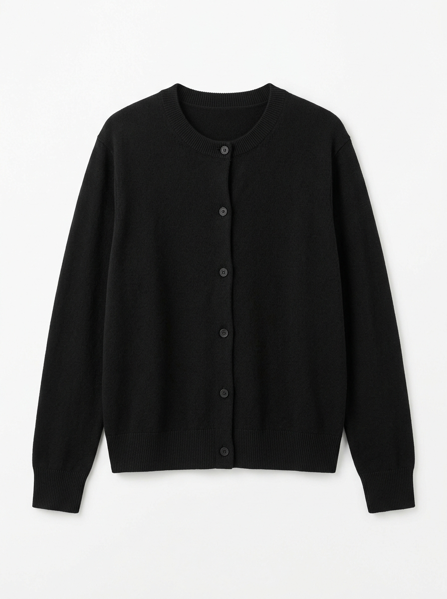 Black knit cardigan, front view on white background