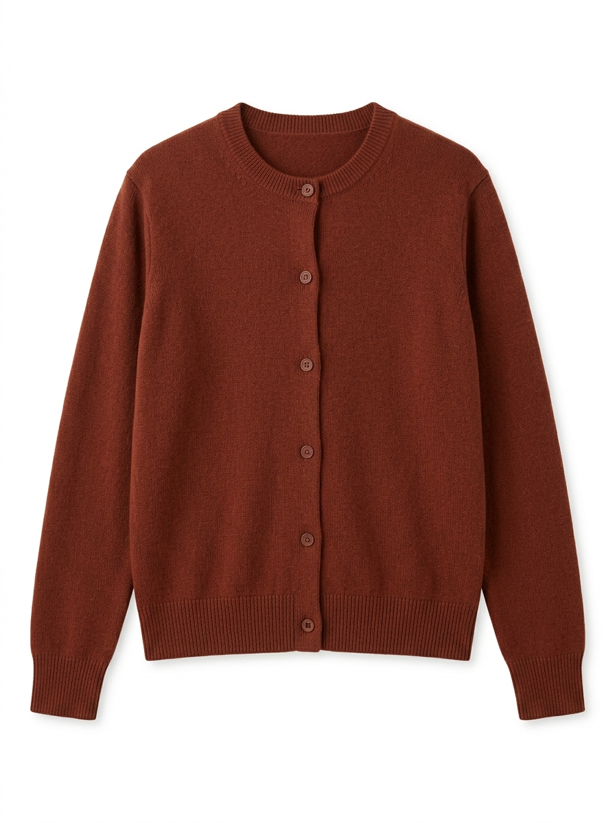 Chestnut knit cardigan, front view on white background