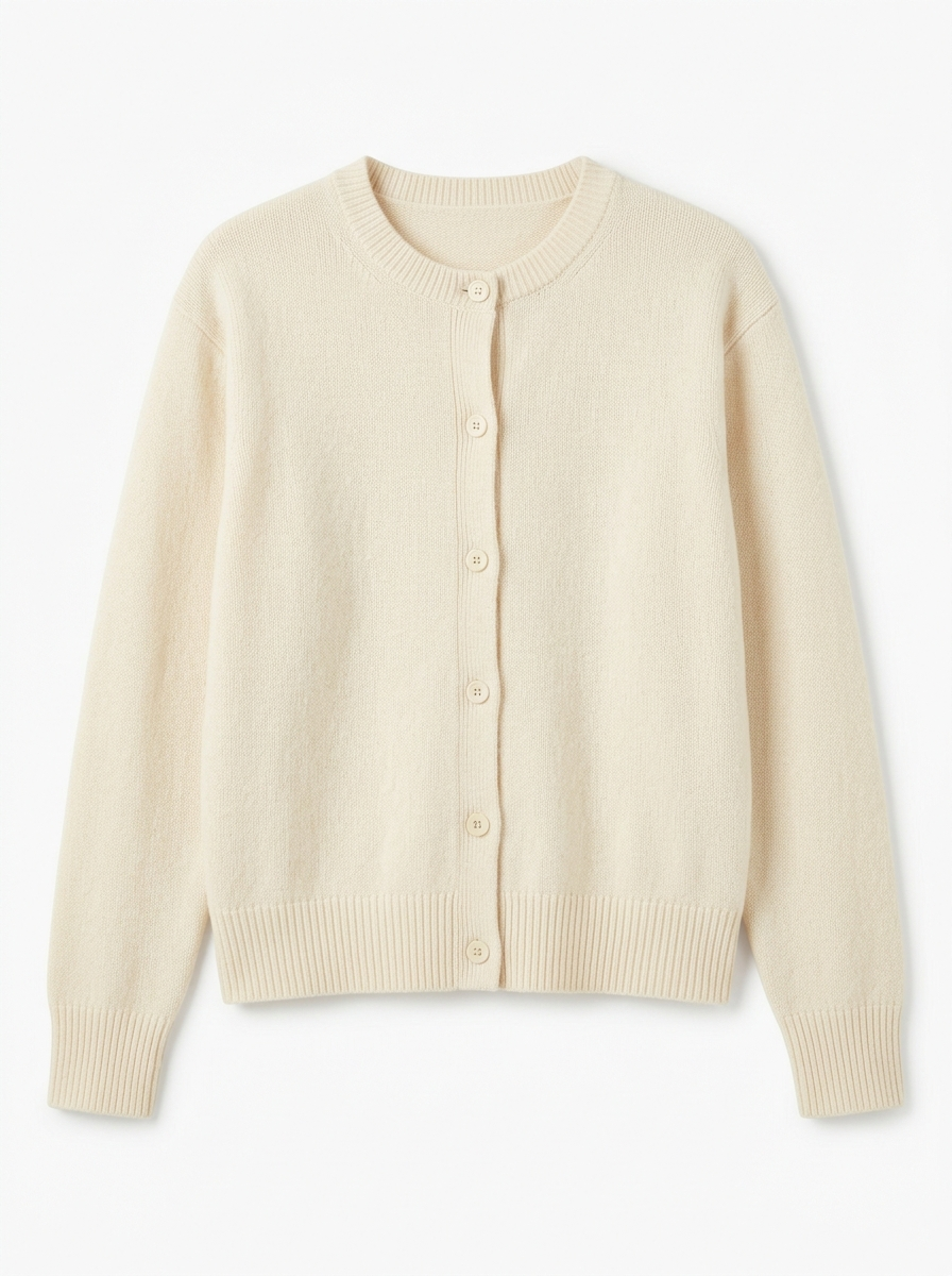 Cream knit cardigan, front view on white background