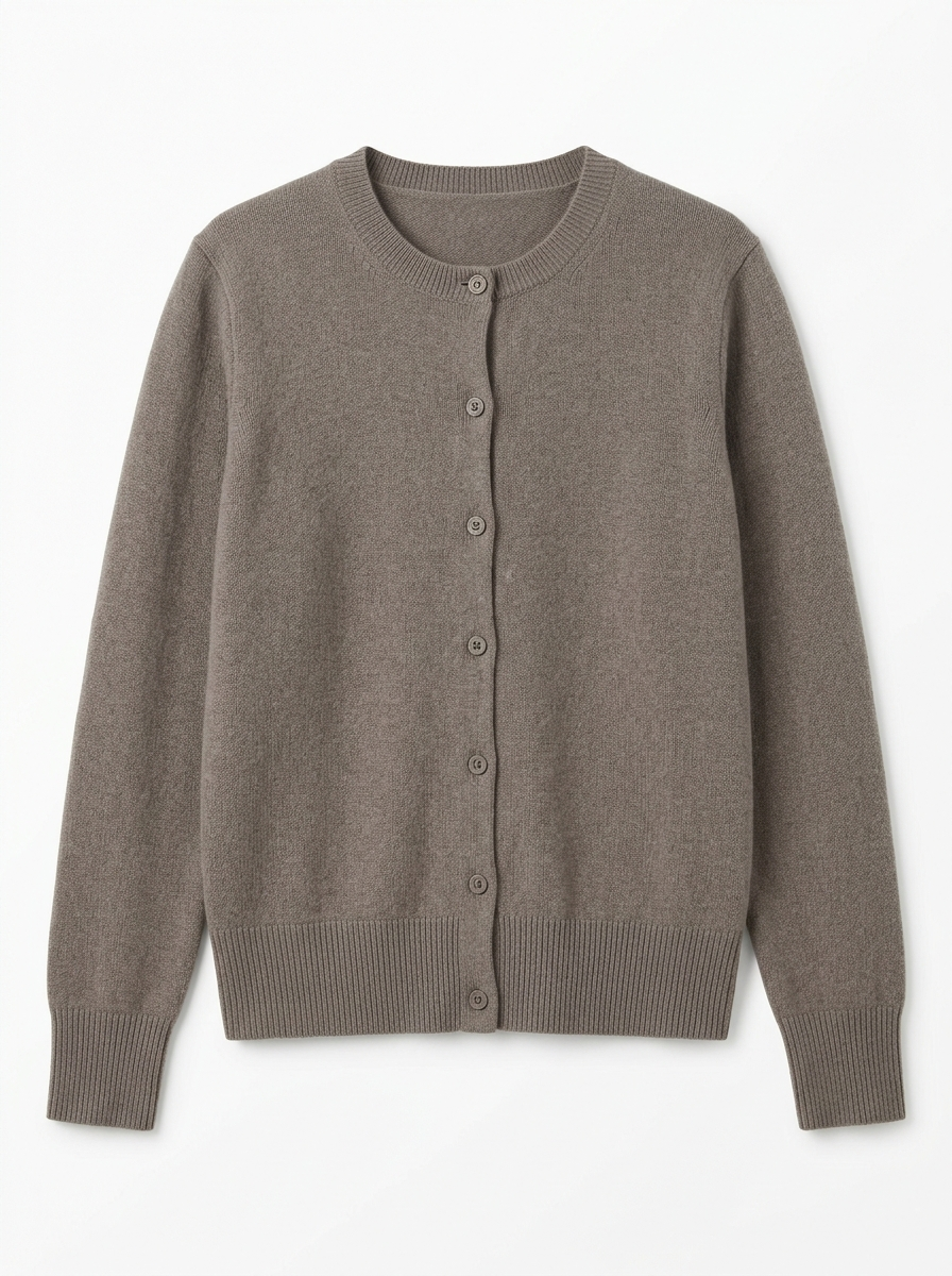 Taupe knit cardigan, front view on white background