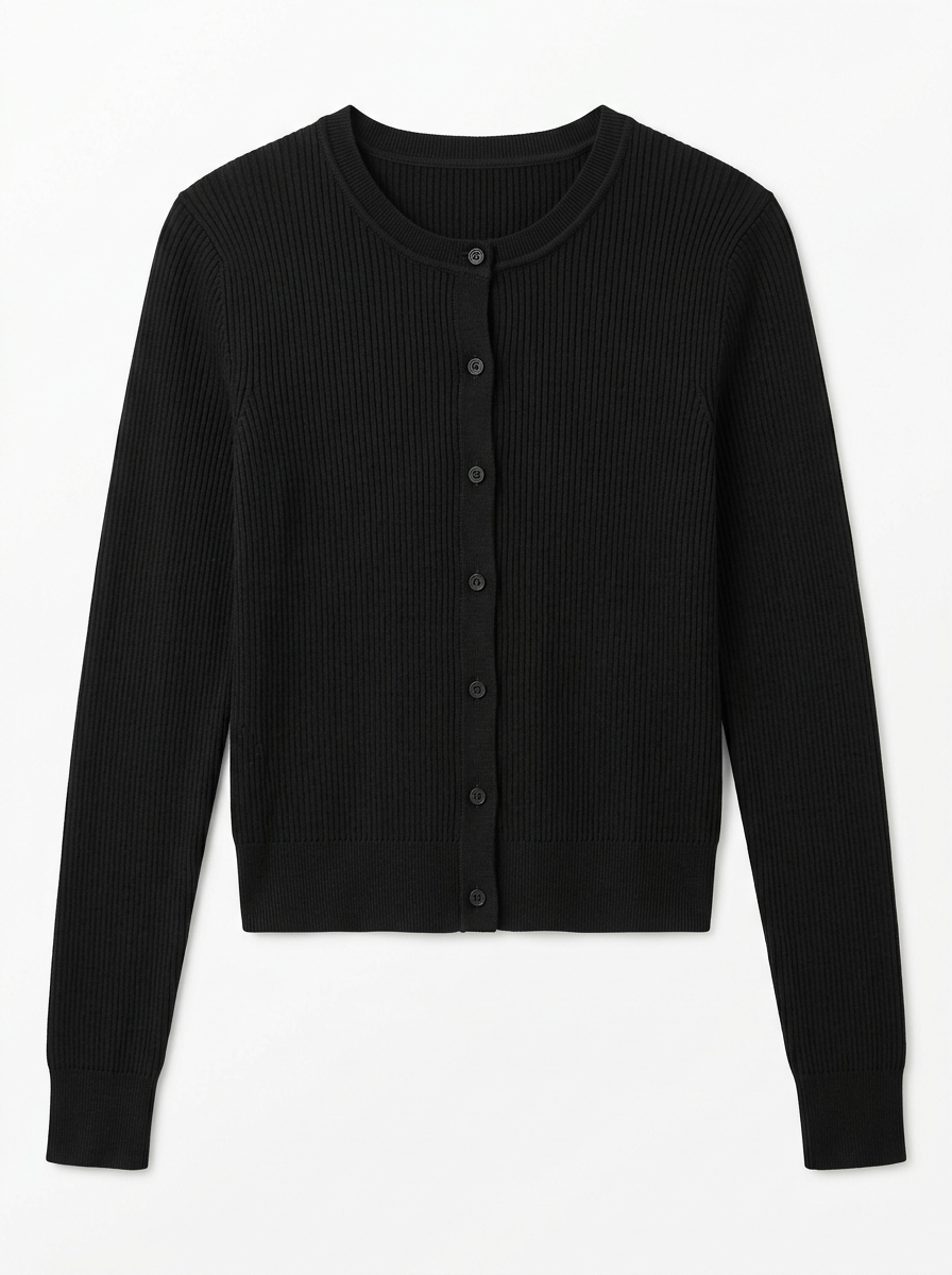 Black ribbed knit cardigan, front view on white background
