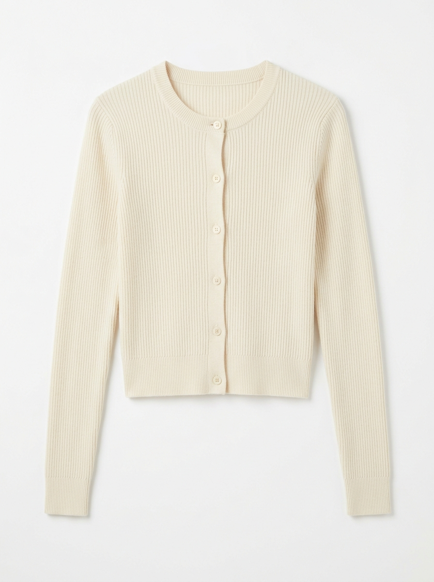 Cream ribbed knit cardigan, front view on white background