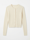 Cream ribbed knit cardigan, front view on white background