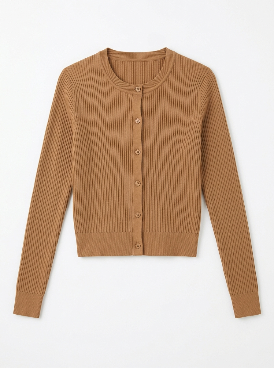 Camel ribbed knit cardigan, front view on white background
