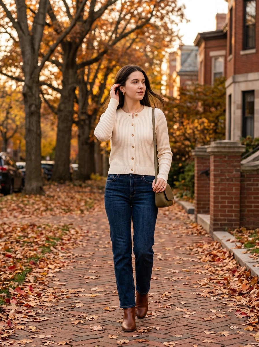 Woman wearing cream ribbed cardigan with dark jeans in autumn