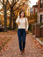 Woman wearing cream ribbed cardigan with dark jeans in autumn