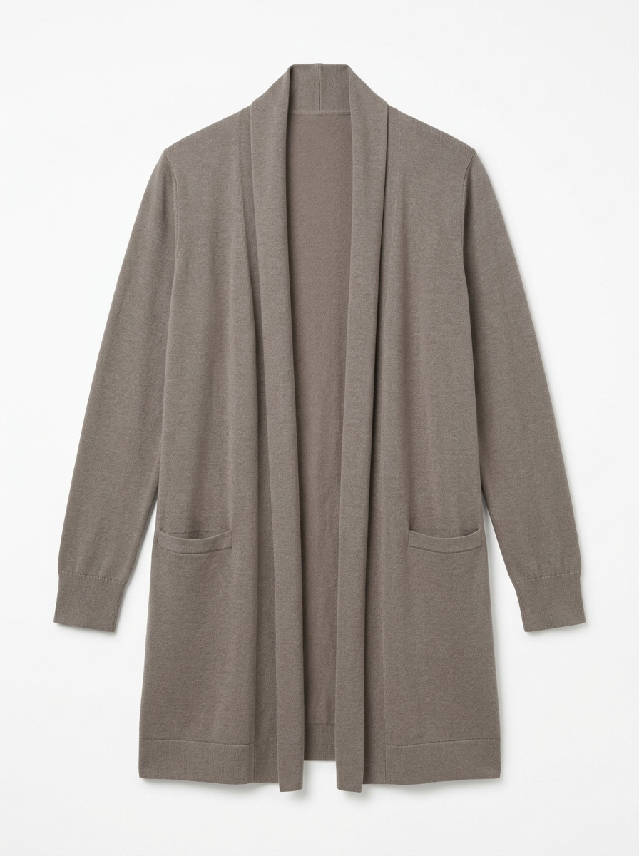 Taupe longline knit cardigan, front view on white background