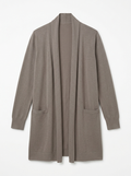 Taupe longline knit cardigan, front view on white background