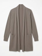 Taupe longline knit cardigan, front view on white background