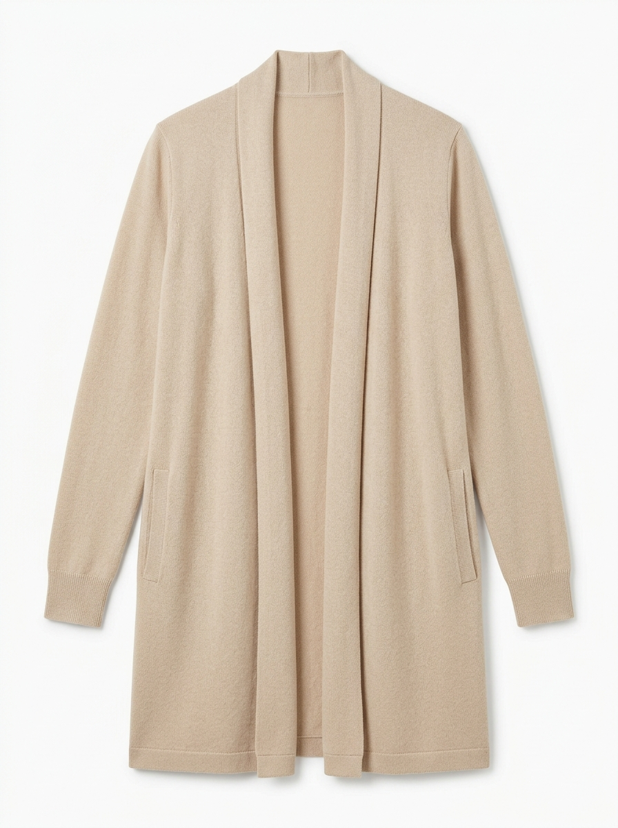 Oatmeal longline knit cardigan, front view on white background