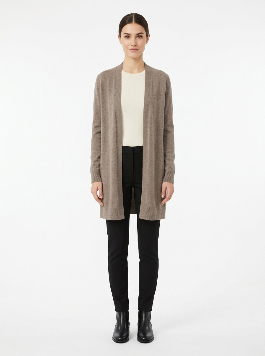 Taupe longline cardigan worn by model, front view on white