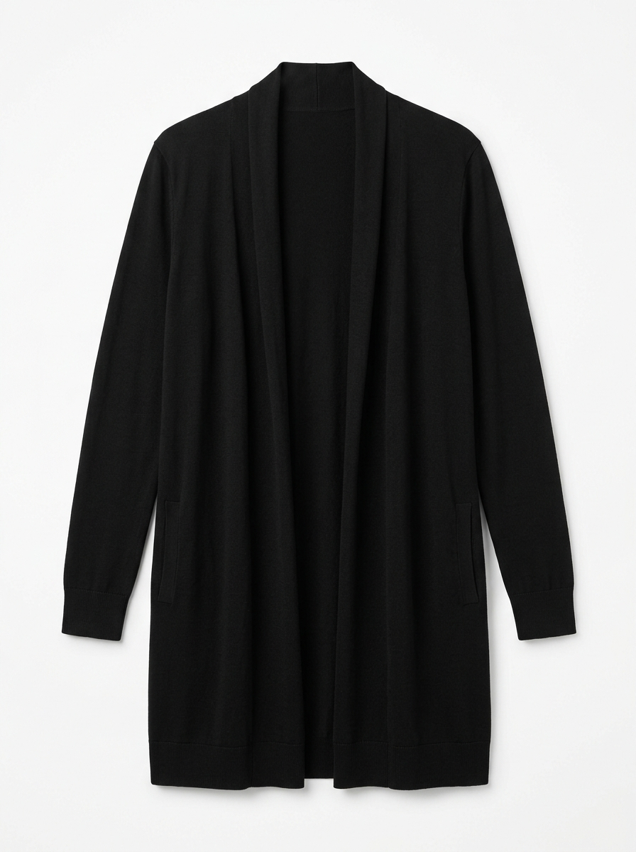 Black longline knit cardigan, front view on white background