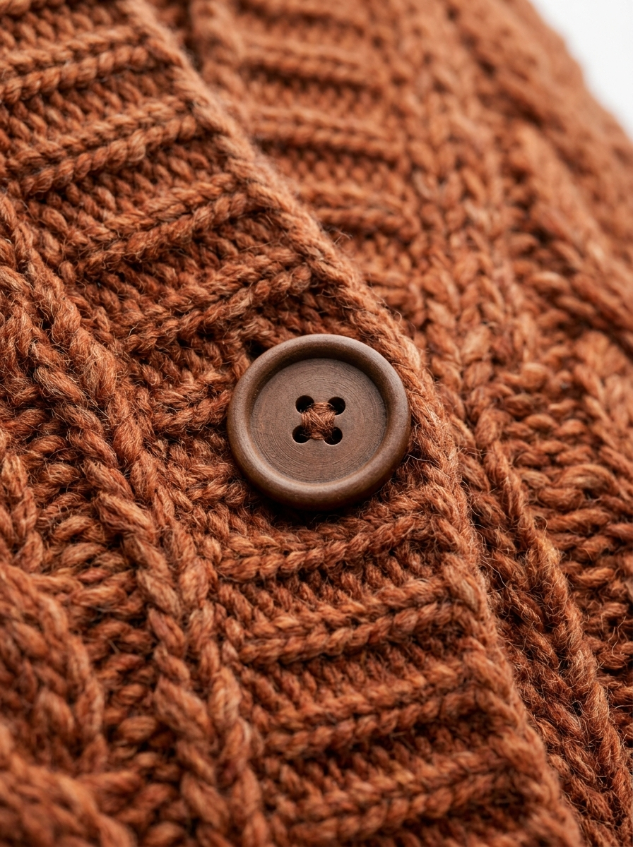 Large matte button and chunky knit stitch close up detail