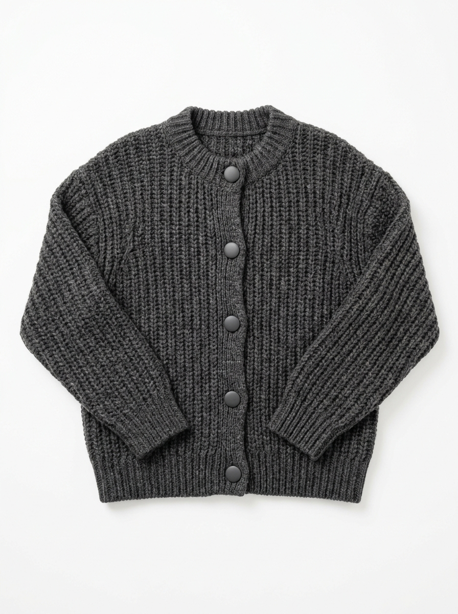 Charcoal chunky knit cardigan, front view on white background