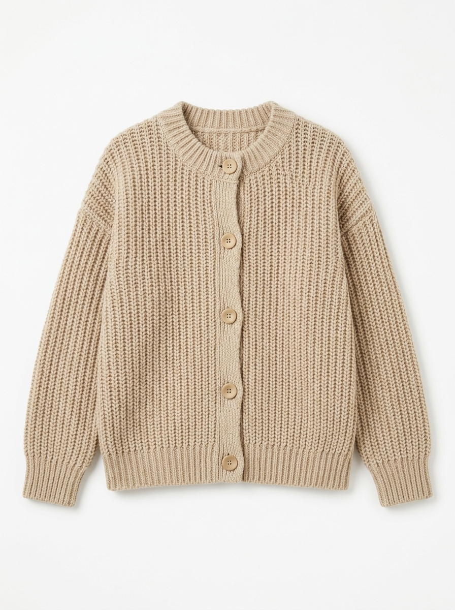 Oatmeal chunky knit cardigan, front view on white background