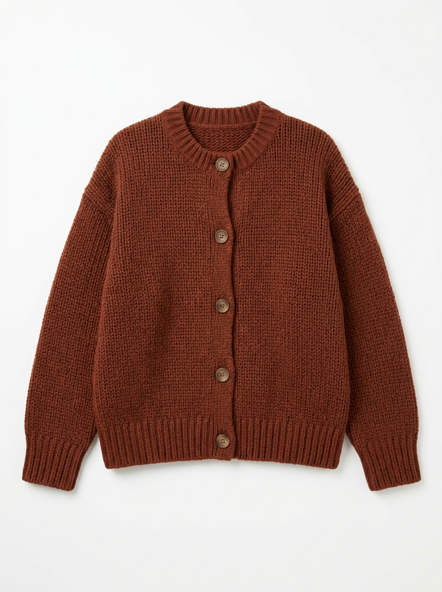 Chestnut chunky knit cardigan, front view on white background