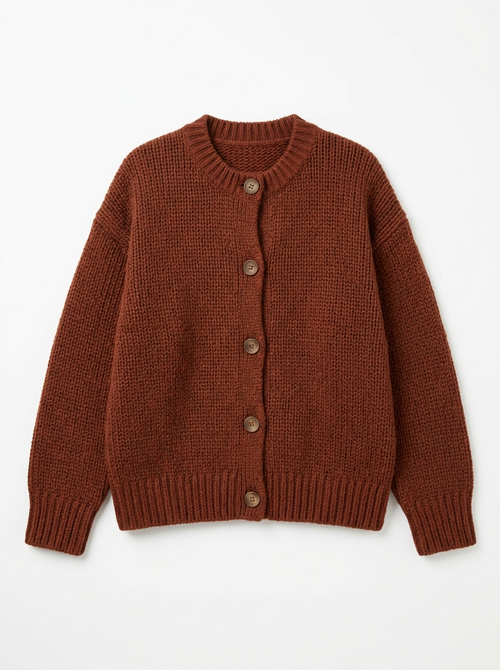Chestnut chunky knit cardigan, front view on white background