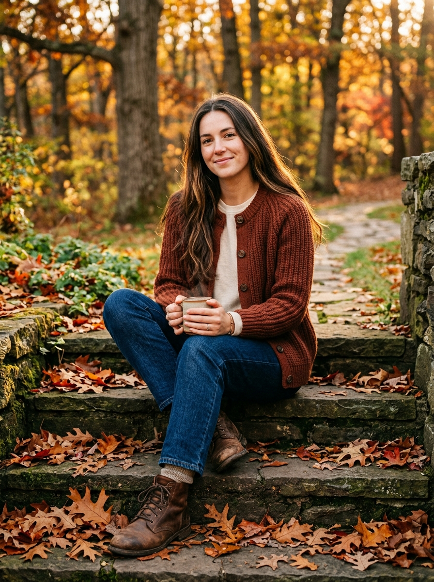 Woman wearing chestnut chunky cardigan with jeans in autumn
