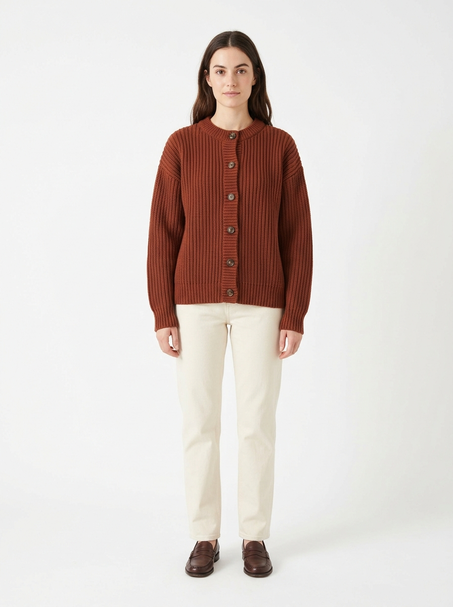 Chestnut chunky knit cardigan worn by model, front view on white