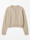 Oatmeal cropped knit cardigan, front view on white background